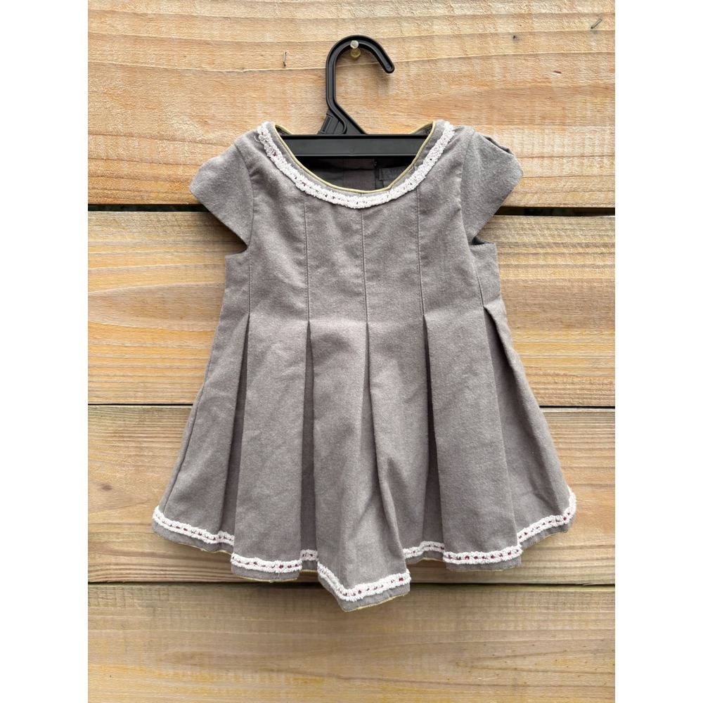 Tahari Baby Gray Pleated Dress Crochet Trim Button Back 18M Toddler Girl